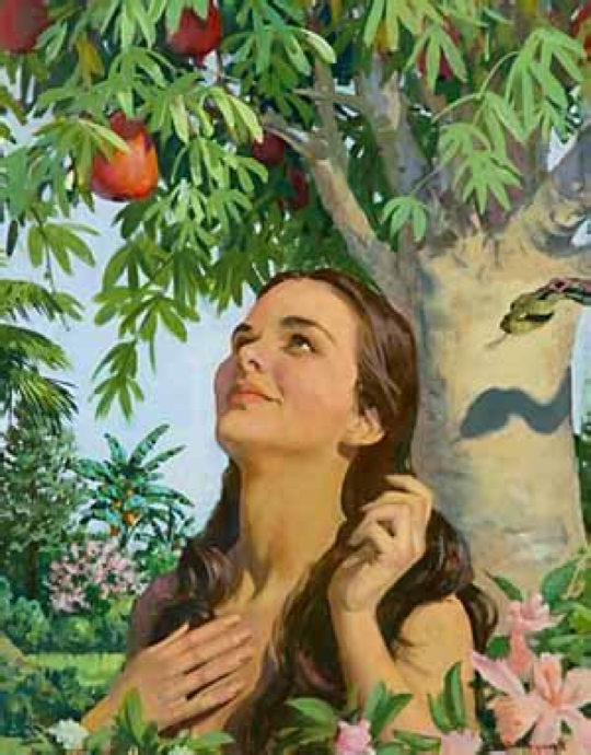Eve looking at an apple.